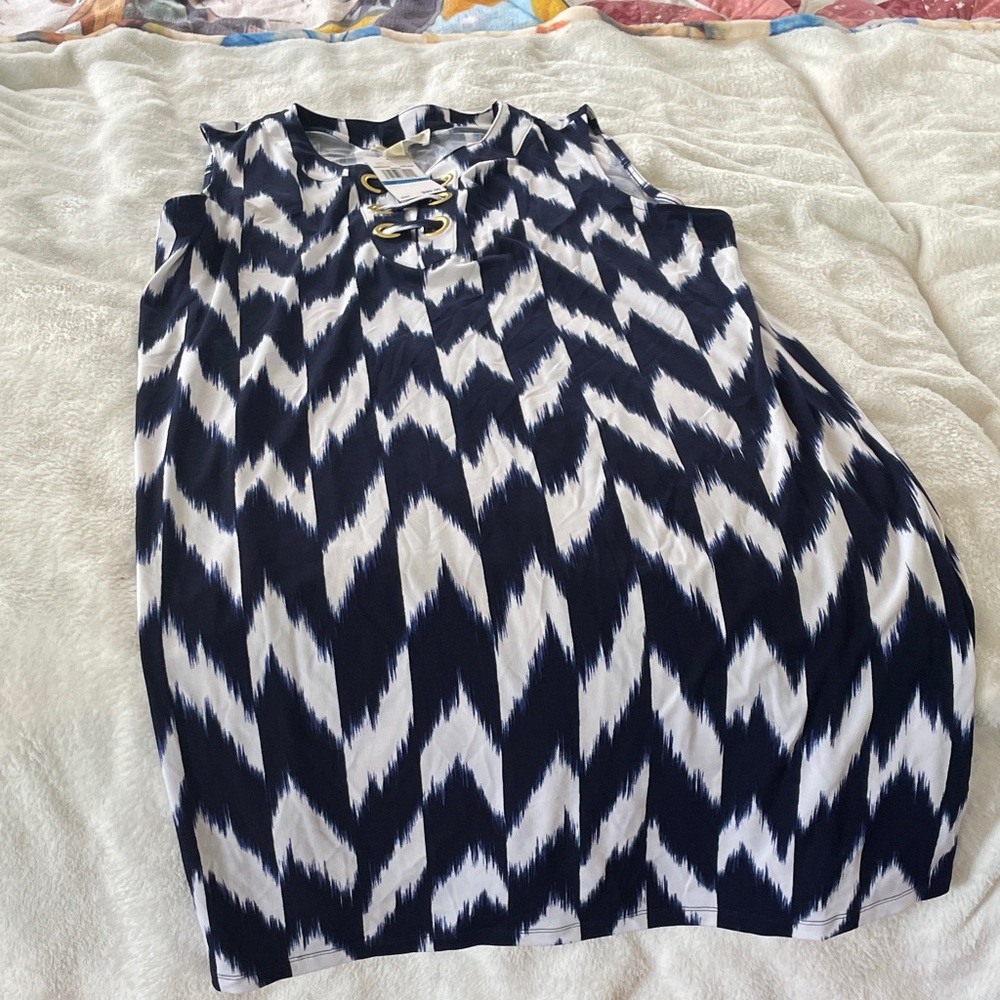 Navy and White Sleeveless Top with Lace-Up Detail